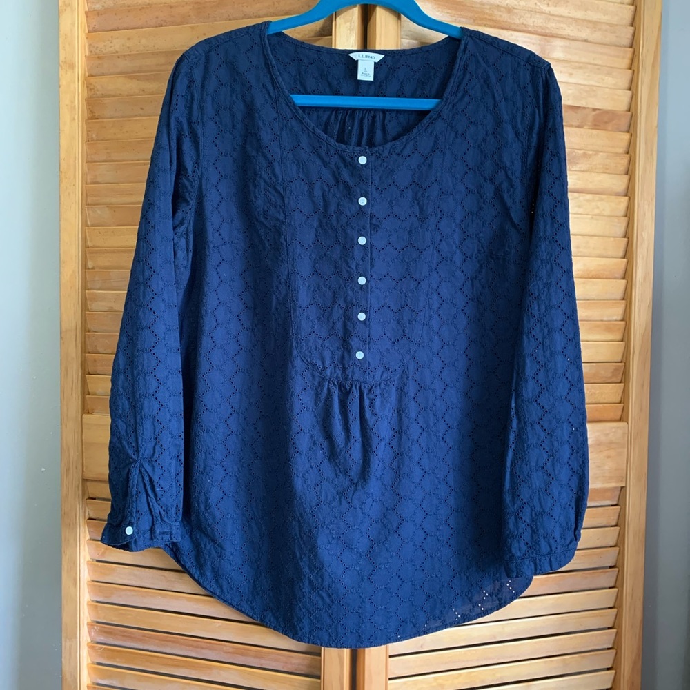 LL Bean, L navy eyelet shirt, long sleeves
